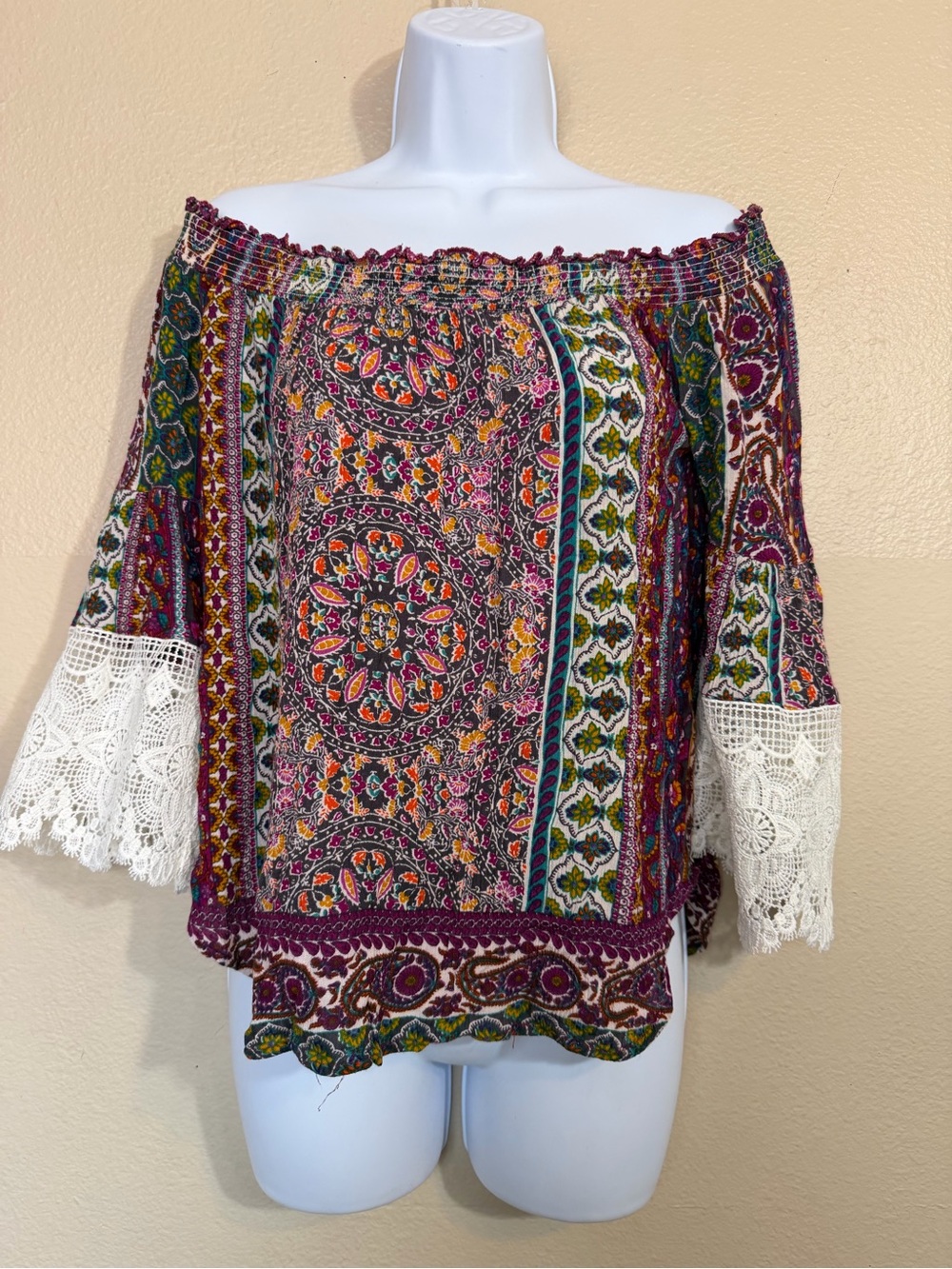 Patrons of Peace Multicolor Off-Shoulder Paisley Blouse with White Lace Sleeves